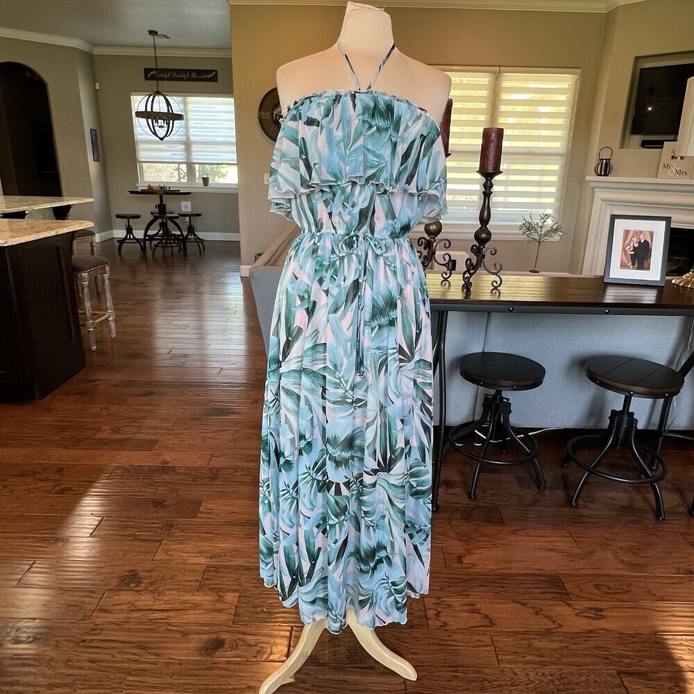 KATE and LILY Dress Size 6 Blue Green Leaf Print Chiffon Shirred Elastic Waist